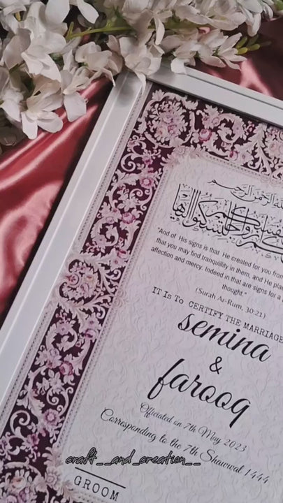 Personalized Nikkah Certificate Frame with floral Islamic design, available in white, black and golden frames, 8x12 and 12x18 inches